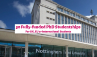50 Fully-funded PhD Studentships at Nottingham Trent University in UK, 2020