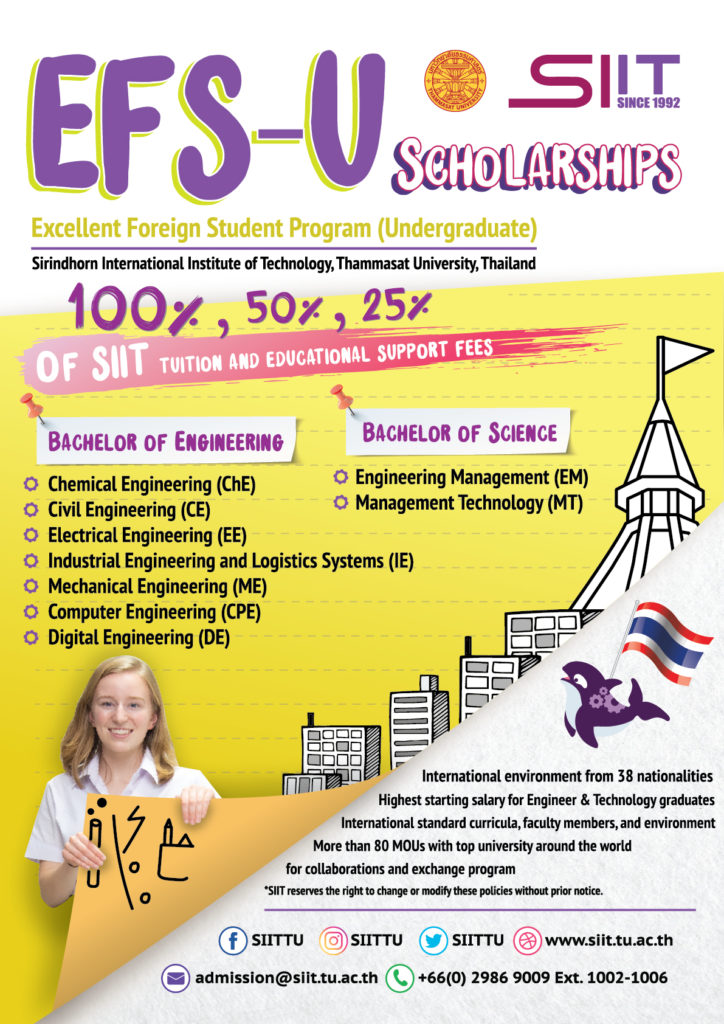 SIIT Full and Half Undergraduate Scholarships for Foreign Students in Thailand, 2020