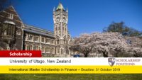 University of Otago Master of Finance Scholarship for International Students in New Zealand